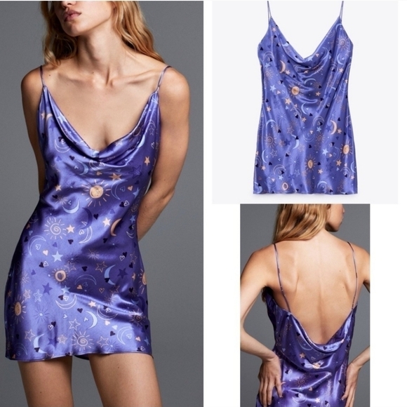 New Zara Celestial Stars Starfish Moon Printed Lilac Satin Slip Mini Dress XS - Picture 1 of 15